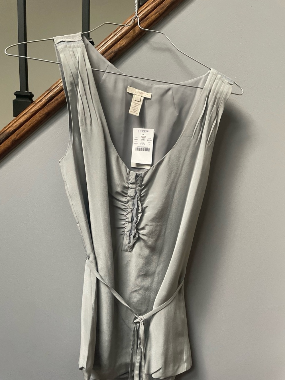 J. Crew Sleeveless Ruffle-Front Silk Blend Dress in Light Gray